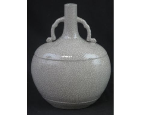 LARGE CHINESE STONEWARE TWO HANDLED BALUSTER SHAPED MOON FLASK, all over crackle glazed grey 'gee' glazed. Dressed iron brown