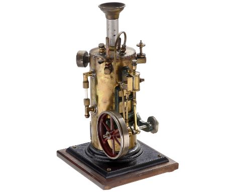 Stehende Dampfmaschine mit Märklin-Bauteilen, um 1930Genieteter Messingkessel, Höhe 21 cm, Ø 9 cm, mit Wasserstandglas, Manom