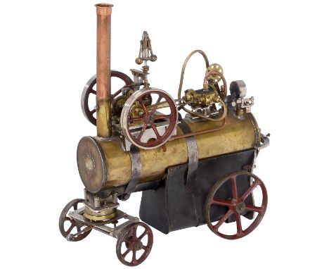 Pferdegezogene Lokomobile, um 1920Großer Messingkessel, Länge 29,5 cm, Ø 9 cm, hergestellt aus zwei Granatkartuschen aus dem 