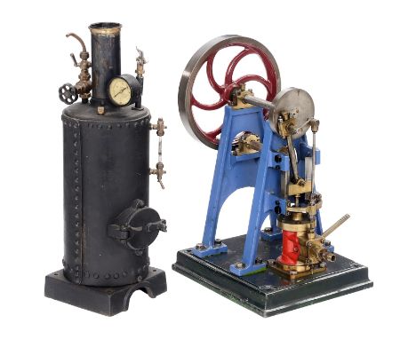 Modell einer stehenden Einzylinder-Kolben­dampfmaschine mit Kessel, um 1920/19601) Dampfmaschine, um 1960, hergestellt aus St