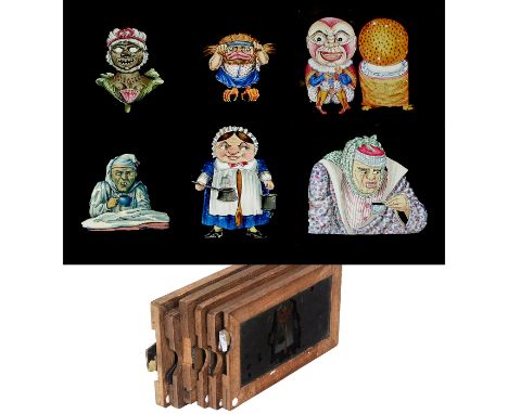 6 mechanische Laternenbilder mit beweglichen Augen, um 1870Vermutlich alle aus England, 1 x geprägt mit "Carpenter &amp; West