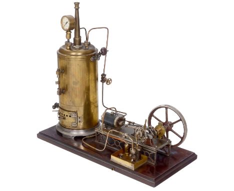 Liegende Dampfmaschine mit stehendem Kessel, um 1930Gelöteter Messingkessel, Höhe 30 cm, Ø 15 cm, Wasserstandglas fehlt, mit 