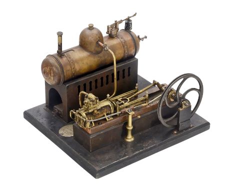 Frühe Dampfmaschine mit Kessel, 1882Mit Herstellerplakette "Erich Jasmund Mechaniker, 1882", liegender Messingkessel, Länge 2