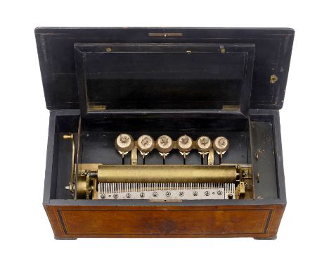 Walzenspieldose mit sichtbaren Glocken, um 188012 Melodien, begleitet von 6 guillochierten Glocken mit Spitzen in Vogelform u