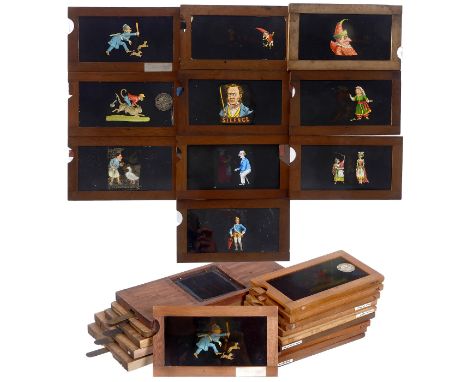 15 mechanische Laternenbilder1-5) Handkolorierte frühe französische Laternenbilder, von 11,2 x 25 bis 12,8 x 26 cm mit Messin
