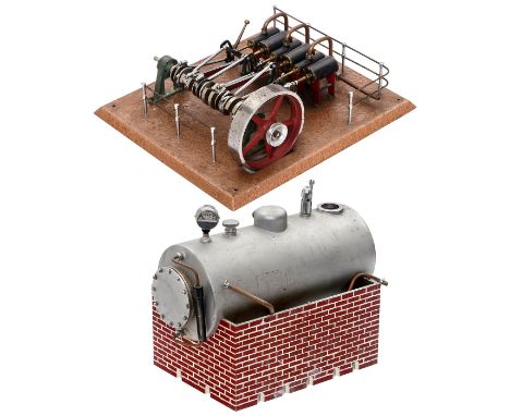 Liegende Dreizylinder-Kolbendampfmaschine, um 19603 doppeltwirkende Zylinder, umsteuerbar, mit Exzenterringen und Gegenexzent