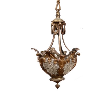 Gilt metal centre light French, circa 1900, with rope style column, scroll decoration and beaded glass panels, 90cm overall, 
