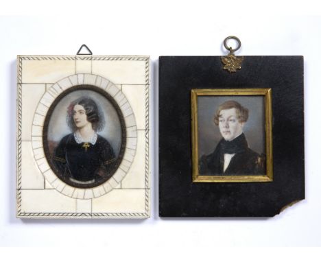 Two portrait miniatures including a 19th Century study of a gentleman, and a French study of a lady in an ivory frame (2) Con