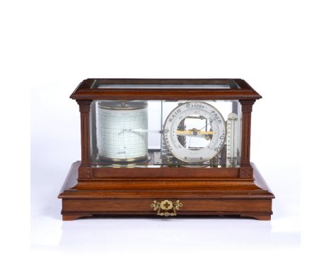 Walnut cased barograph marked M. W. Dunscombe of Bristol, 428606, with thermometer and with single drawer and key, 38cm x 24c