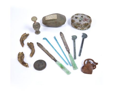 Group of pieces including a 19th Century beadwork oval box, 7.25cm x 6cm, a stone axe head with label 'Stone Axe from Ronda S