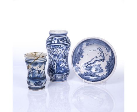 Blue and white potter albarello Portuguese, 18th Century, 21cm, a Naples small albarello, 13.5cm and a Spanish blue and white