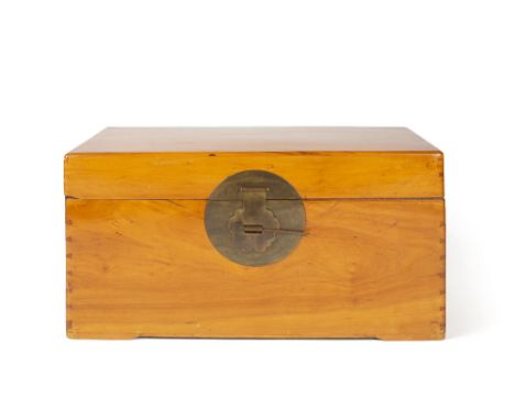 Camphor rectangular trunk Chinese, with brass locks, 83cm wide, 46cm deep, 45cm high Condition: cracks and losses to the corn