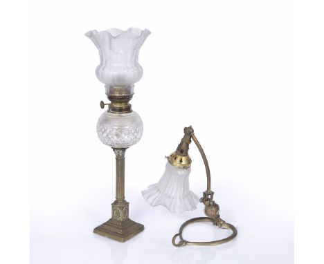 Art Nouveau desk lamp brass base with shaped glass shade, 28cm high and an oil lamp on brass Corinthian column base, 52cm hig