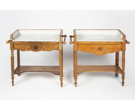 Near pair of oak and walnut marble top washstands Scandinavian, 19th Century, each with a raised back and fitted drawer, one 