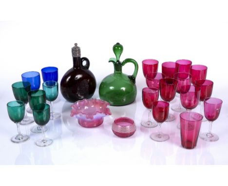 Collection of coloured glassware  to include: white metal mounted ruby red glass decanter, a green glass decanter and stopper
