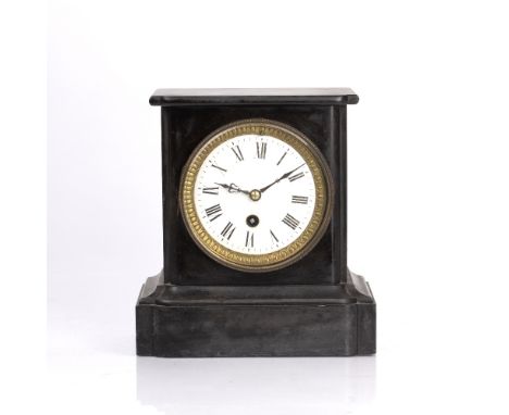 Black slate mantel clock  the white enamel dial with Roman numerals, with key, 20cm wide x 21cm high, 12cm deep Condition: at