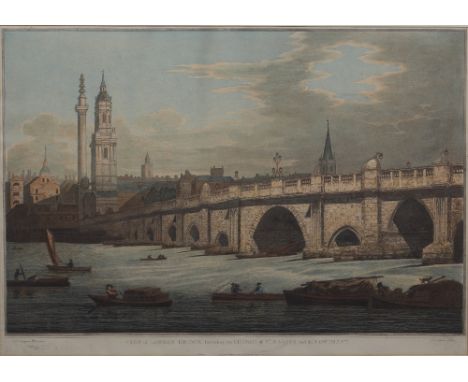 After Joseph Farington (1747-1821) Coloured aquatint, 'View of London Bridge, including the church of St Magnus and the Monum