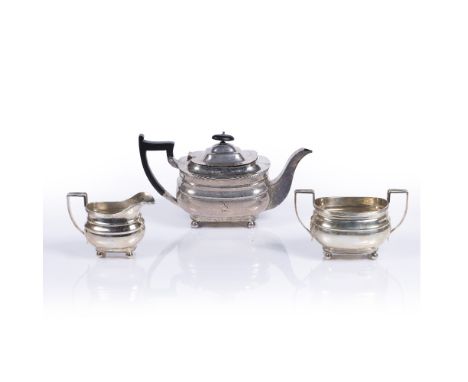 Bachelors three piece silver tea set consisting of a teapot, milk jug and sucrier, all bearing marks for Harrods Ltd, Sheffie