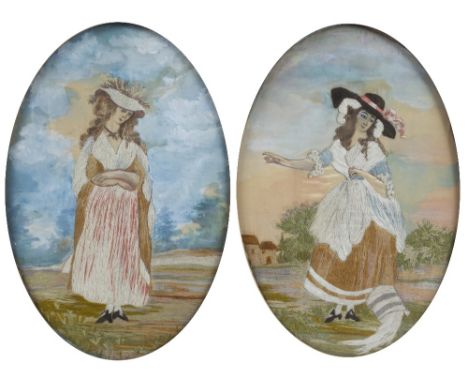 Pair of oval silk and gouache studies early 19th Century, depicting country figures in gilt oval plaster frames, 30cm x 23cm 