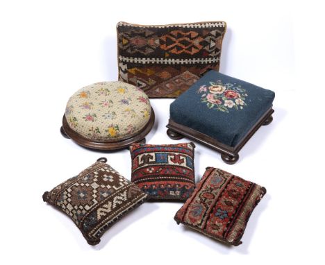 Two tapestry footstools Victorian and four kelim cushions, the largest 42cm x 32cm (6) Condition:&nbsp;Overall surface dust, 