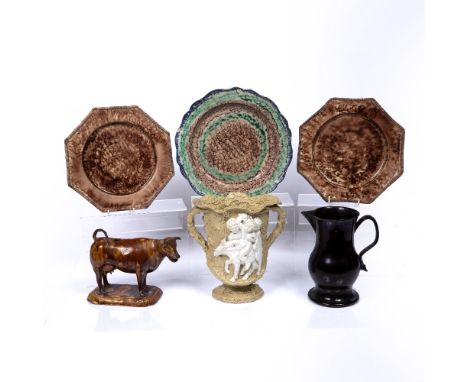 Small collection of ceramics consisting of: a Staffordshire cow creamer, three Whieldon type plates, a Jackfield jug and a gl