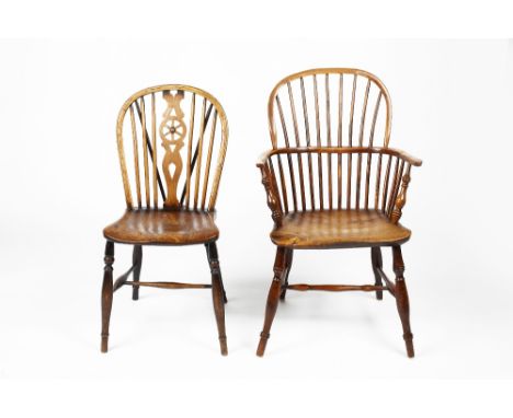 Yew-wood and elm Windsor chair 19th Century, with arched stick-back and solid seat, 57cm across, 92cm high and an Oxford whee