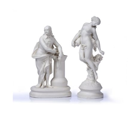 Robinson and Leadbeater two parian ware figure groups, one entitled 'Evening Dew' measures 34cm high, the other measures 31cm