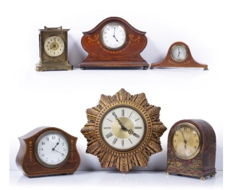 Group of mantel and other clocks including Edwardian chinoiserie, Smith's wall clock (6) Condition: at present, there is no c