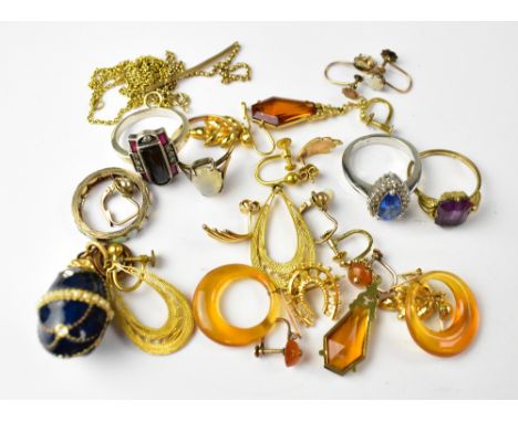 A quantity of vintage and modern costume jewellery to include seven pairs of earrings, mostly gold-coloured, some inset with 