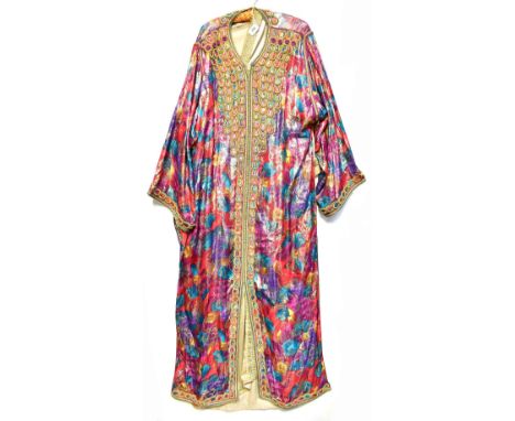 A circa 1960s silk satin effect coffee-coloured kaftan with gold trim and a panelled full-length kaftan overcoat in vibrant p