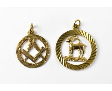 Two 9ct gold necklace pendants, one Masonic set square and compass within circle, width approx 1.2cm, the other a goat repres