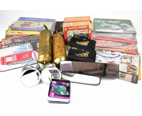 A small collection of modern car and automobile lamps and mirrors, a tin of Modern Classic Coaches Collection coasters a pair
