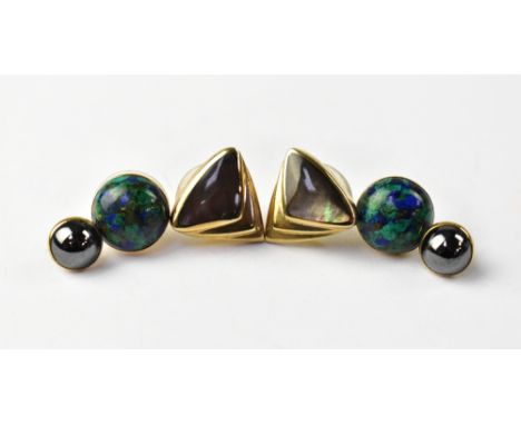 Three pairs of 9ct gold earrings, comprising a pair of stepped triangular studs, one section with mother of pearl style finis