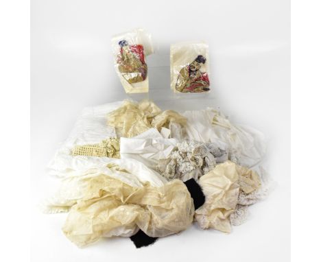 A quantity of Victorian and Edwardian textiles to include fine lace examples, netting, remnants of silk, an Edwardian blouse 