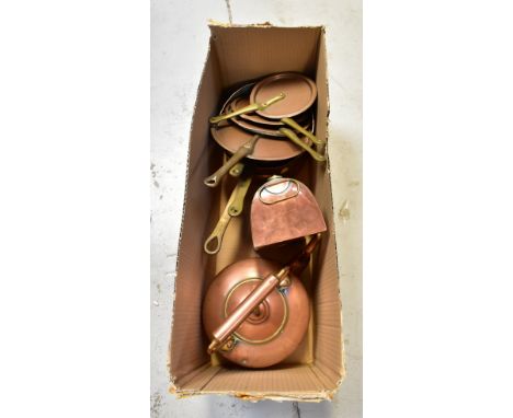 Various items of antique and vintage copper ware to include a set of four graduated copper pans, with brass handles and tinne