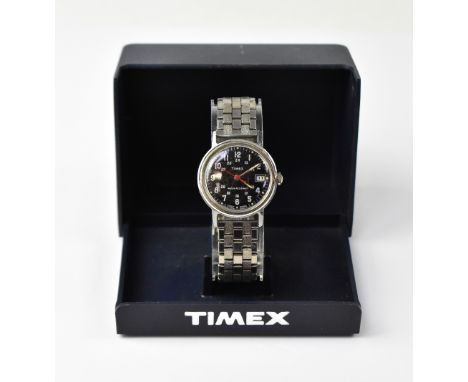 TIMEX; a stainless steel wristwatch, the black dial set with twenty-four hour increments in white enamel Arabic numerals, dat