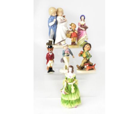 Various collectible figures to include a Royal Doulton D6648 'Huntsman Fox', two Hummel figures comprising a boy with umbrell