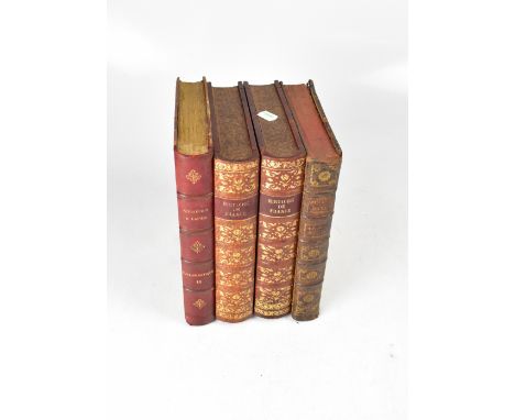 A novelty book box in the form of four tooled leather novels, the interior with a drinks set of gilt-heightened decanter and 