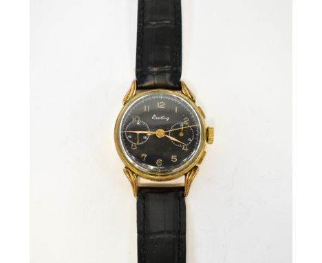 BREITLING; a circa 1950s gentlemen's gold-plated manual wind chronograph wristwatch with black dial, 35mm. 