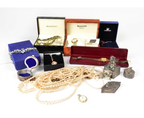 Various items of modern and vintage costume jewellery, fashion watches, etc, to include two ladies' Accurist wristwatches in 