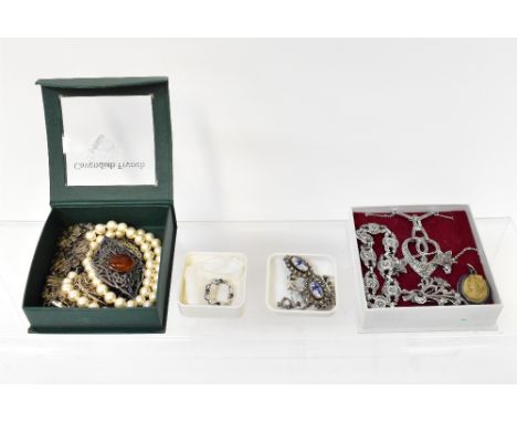 A quantity of silver and white metal jewellery to include a small silver brooch set with four sapphires and stamped 925, a ha