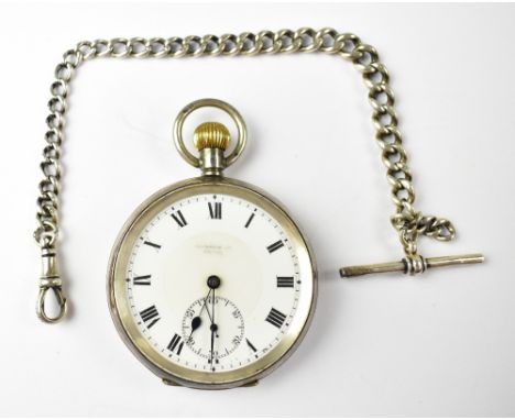 PRESTONS OF BOLTON; a hallmarked Continental silver cased open face pocket watch, the white enamelled dial set with Roman num