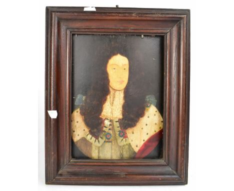 ENGLISH SCHOOL; oil on panel, a head and shoulders portrait of James I, titled verso, 27.5 x 20cm, framed.