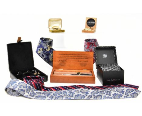 A small mixed lot of gentlemen's accessories to include ten silk ties, various boxed sets of cufflinks, a boxed set of ten cu