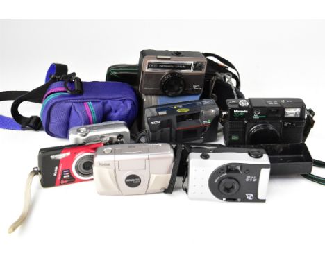 A collection of film and digital cameras to include a Miranda 35AF, a boxed Kodak Instamatic 76-X, a Ricoh AF-50 and a Casio 