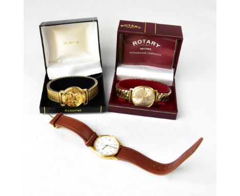 ROTARY; a gentlemen's Shock Resistant gold plated vintage wristwatch, the silvered dial set with raised gold-coloured baton n