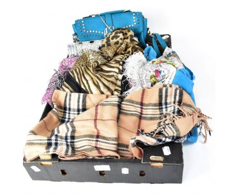 A quantity of vintage scarves to include a Burberry-style example, silk scarf, woollen scarf with silver thread, a quantity o