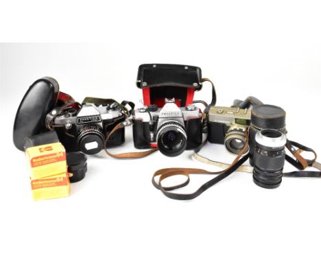 A small group of film cameras and camera accessories to include a Praktica PL Noval, a Petri 7 S, a Praktica LTL, etc.