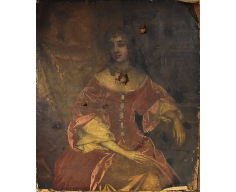 IN THE MANNER OF PETER LELY; a three-quarter length portrait of a lady in a pink gown and wearing a pearl necklace, within a 