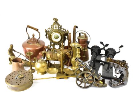 A quantity of antique, vintage and modern collectible metalware to include a brass ornament depicting farmer operating a hors